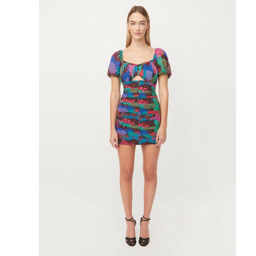 Rhode Bodycon Colorful Mini Dress M Clara Enchanted Woods Puff Sleeve Colorful